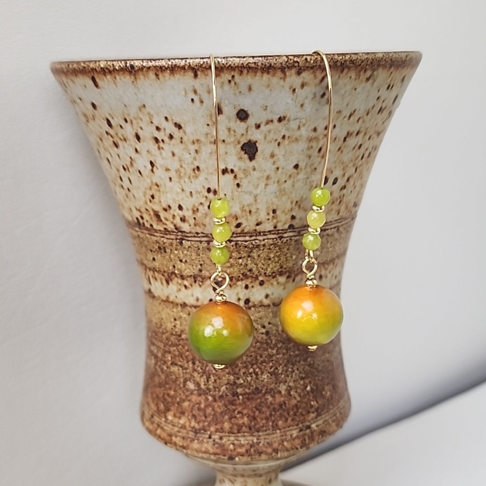 Vintage Japanese Paper‎ Bead Earrings with Agate Beads, Handcrafted